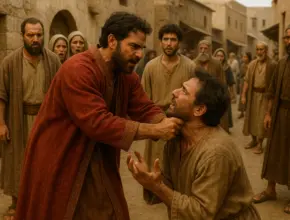 In the parable of the unforgiving servant in an ancient marketplace, a man in fine red robes grabs another man by the collar, demanding repayment. The second man kneels, pleading for more time, while shocked bystanders look on against a backdrop of stone buildings and clay jars."