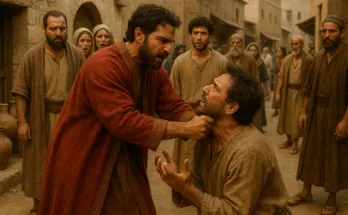 In the parable of the unforgiving servant in an ancient marketplace, a man in fine red robes grabs another man by the collar, demanding repayment. The second man kneels, pleading for more time, while shocked bystanders look on against a backdrop of stone buildings and clay jars."