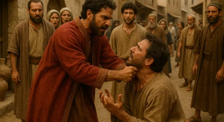 In the parable of the unforgiving servant in an ancient marketplace, a man in fine red robes grabs another man by the collar, demanding repayment. The second man kneels, pleading for more time, while shocked bystanders look on against a backdrop of stone buildings and clay jars."