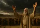 Samuel stands with arms lifted to heaven in prayer under dark storm clouds. Behind him, a crowd of Israelites bow their heads in repentance, with the hills of Israel forming the backdrop. The dramatic sky highlights the solemn moment of intercession at Mizpah (1 Samuel 7:5–10).