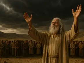 Samuel stands with arms lifted to heaven in prayer under dark storm clouds. Behind him, a crowd of Israelites bow their heads in repentance, with the hills of Israel forming the backdrop. The dramatic sky highlights the solemn moment of intercession at Mizpah (1 Samuel 7:5–10).