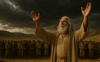 Samuel stands with arms lifted to heaven in prayer under dark storm clouds. Behind him, a crowd of Israelites bow their heads in repentance, with the hills of Israel forming the backdrop. The dramatic sky highlights the solemn moment of intercession at Mizpah (1 Samuel 7:5–10).