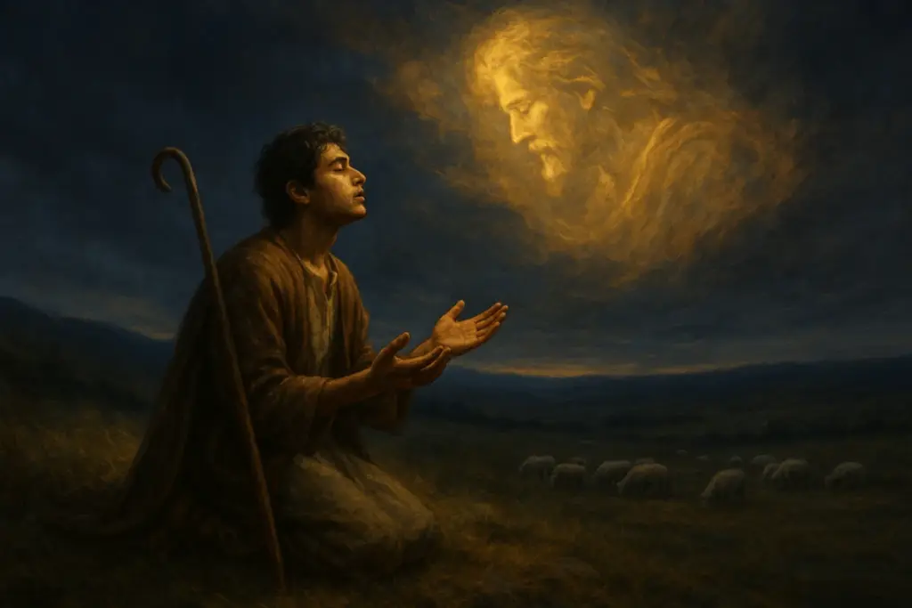 A young shepherd kneels on a grassy hillside at dusk with eyes closed and hands open in prayerful listening. A wooden staff rests by his side. In the darkening sky above, golden light forms the faint image of a majestic, whispering figure surrounded by clouds. In the distance, a small flock of sheep grazes peacefully across the quiet fields. The scene conveys reverence, obedience, and divine presence. Inspired by SOAP Bible Study: 1 Samuel 15:22.