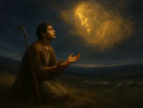 A young shepherd kneels on a grassy hillside at dusk with eyes closed and hands open in prayerful listening. A wooden staff rests by his side. In the darkening sky above, golden light forms the faint image of a majestic, whispering figure surrounded by clouds. In the distance, a small flock of sheep grazes peacefully across the quiet fields. The scene conveys reverence, obedience, and divine presence. Inspired by SOAP Bible Study: 1 Samuel 15:22.