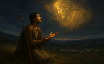 A young shepherd kneels on a grassy hillside at dusk with eyes closed and hands open in prayerful listening. A wooden staff rests by his side. In the darkening sky above, golden light forms the faint image of a majestic, whispering figure surrounded by clouds. In the distance, a small flock of sheep grazes peacefully across the quiet fields. The scene conveys reverence, obedience, and divine presence. Inspired by SOAP Bible Study: 1 Samuel 15:22.