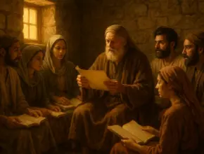 soap bible study: 2 Thessalonians 2:13-15. A warm, photo-realistic painting of six early believers sitting in a stone house church. They sit in a circle with open scrolls, listening closely as an elder with a white beard reads from a parchment. Soft golden light streams through a small window, symbolizing the spread of the gospel.