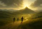 Runners on a winding path through rolling hills toward a shining golden crown on a hilltop, symbolizing 1 Corinthians 9:24–25 and the race for an imperishable crown.