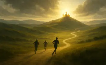Runners on a winding path through rolling hills toward a shining golden crown on a hilltop, symbolizing 1 Corinthians 9:24–25 and the race for an imperishable crown.