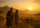 Abraham and Sarah walk at sunrise with flocks following, mountains in the distance, symbolizing faith in God’s call (Hebrews 11:8).