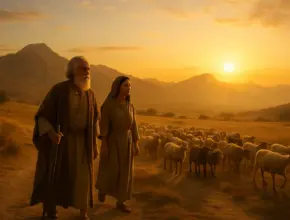 Abraham and Sarah walk at sunrise with flocks following, mountains in the distance, symbolizing faith in God’s call (Hebrews 11:8).