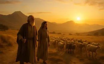 Abraham and Sarah walk at sunrise with flocks following, mountains in the distance, symbolizing faith in God’s call (Hebrews 11:8).
