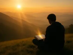 biblical meditation with a person sitting cross-legged on a grassy hill at sunrise, reading an open Bible with golden light shining on the pages, mountains fading into mist in the background.