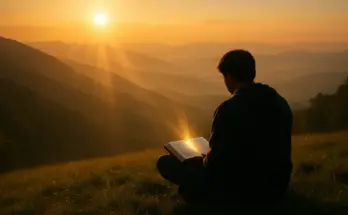 biblical meditation with a person sitting cross-legged on a grassy hill at sunrise, reading an open Bible with golden light shining on the pages, mountains fading into mist in the background.