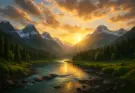book f romans Majestic sunrise over snow-capped mountains with golden light reflecting on a clear river flowing through lush green forests, symbolizing God’s eternal power and divine nature revealed in creation (Romans 1:20).