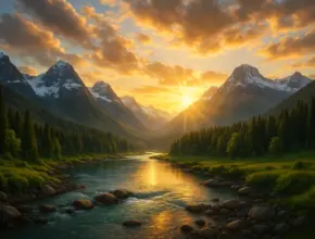 book f romans Majestic sunrise over snow-capped mountains with golden light reflecting on a clear river flowing through lush green forests, symbolizing God’s eternal power and divine nature revealed in creation (Romans 1:20).