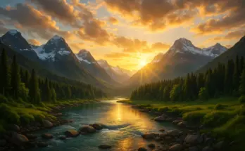 book f romans Majestic sunrise over snow-capped mountains with golden light reflecting on a clear river flowing through lush green forests, symbolizing God’s eternal power and divine nature revealed in creation (Romans 1:20).