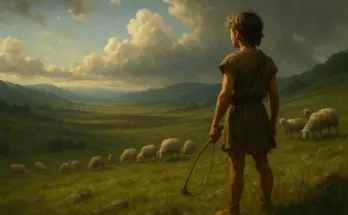 king david looking over rolling hills with sheep in the for ground.