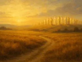 A golden field at sunset with a winding path leading toward distant hills, where glowing figures stand robed in light, symbolizing the great cloud of witnesses from Hebrews chapter 11.