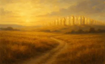 A golden field at sunset with a winding path leading toward distant hills, where glowing figures stand robed in light, symbolizing the great cloud of witnesses from Hebrews chapter 11.