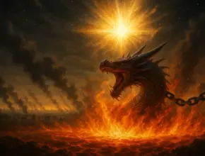 the last battle, a cosmic scene of a chained red dragon hurled into a blazing lake of fire, smoke rising from defeated armies, with radiant heavenly light above declaring God’s eternal triumph (Revelation 20:7–10).
