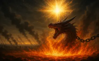 the last battle, a cosmic scene of a chained red dragon hurled into a blazing lake of fire, smoke rising from defeated armies, with radiant heavenly light above declaring God’s eternal triumph (Revelation 20:7–10).