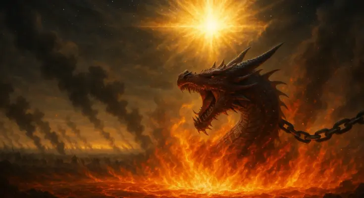 the last battle, a cosmic scene of a chained red dragon hurled into a blazing lake of fire, smoke rising from defeated armies, with radiant heavenly light above declaring God’s eternal triumph (Revelation 20:7–10).