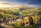 in the millennial kingdom a serene, panoramic image of a renewed Jerusalem glowing with golden light, nestled in a valley surrounded by green hills and rivers. In the foreground, families walk peacefully along a path, while children play near a lion and a lamb resting together. The scene conveys a sense of peace and harmony.