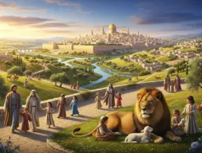 in the millennial kingdom a serene, panoramic image of a renewed Jerusalem glowing with golden light, nestled in a valley surrounded by green hills and rivers. In the foreground, families walk peacefully along a path, while children play near a lion and a lamb resting together. The scene conveys a sense of peace and harmony.