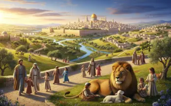 in the millennial kingdom a serene, panoramic image of a renewed Jerusalem glowing with golden light, nestled in a valley surrounded by green hills and rivers. In the foreground, families walk peacefully along a path, while children play near a lion and a lamb resting together. The scene conveys a sense of peace and harmony.