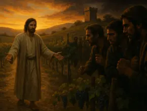 the parable of the tenants a solemn vineyard at sunset, glowing in golden light. The landowner’s son walks forward with open arms, while shadowed tenants whisper together, plotting against him. A stone watchtower stands in the distance.