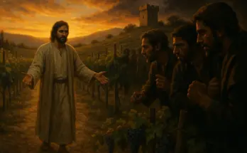 the parable of the tenants a solemn vineyard at sunset, glowing in golden light. The landowner’s son walks forward with open arms, while shadowed tenants whisper together, plotting against him. A stone watchtower stands in the distance.