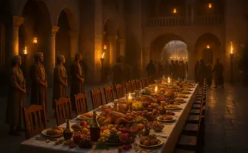 From the parable of the wedding banquet a photo-realistic palace courtyard wedding banquet scene with a long table overflowing with food, servants waiting, and common guests entering through open gates under golden torchlight.