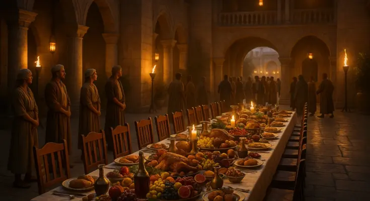 From the parable of the wedding banquet a photo-realistic palace courtyard wedding banquet scene with a long table overflowing with food, servants waiting, and common guests entering through open gates under golden torchlight.