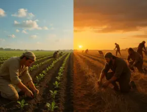 soap bible study: ecclesiastes 3:1-8, a divided field shows two seasons of life. On the left, farmers plant green shoots under a bright morning sky. On the right, workers pull up dry stalks at sunset, the golden light casting long shadows.