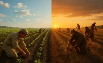 soap bible study: ecclesiastes 3:1-8, a divided field shows two seasons of life. On the left, farmers plant green shoots under a bright morning sky. On the right, workers pull up dry stalks at sunset, the golden light casting long shadows.