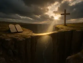 From soap bible study: ephesians 2:8-9, a symbolic landscape of Ephesians 2:8-9 showing a glowing bridge of light across a deep chasm, with broken tablets of the law on one cliff and a shining cross on the other under rays of sunlight, symbolizing salvation by grace through faith.”