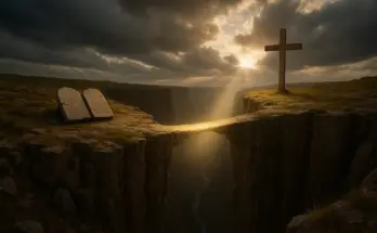From soap bible study: ephesians 2:8-9, a symbolic landscape of Ephesians 2:8-9 showing a glowing bridge of light across a deep chasm, with broken tablets of the law on one cliff and a shining cross on the other under rays of sunlight, symbolizing salvation by grace through faith.”