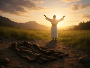 soap bible study: ephesians 4:17-24, a radiant figure in a white robe stands in a sunlit meadow with arms lifted toward the sky, while a weathered cloak lies discarded on rocky ground, symbolizing renewal and the new life in Christ from Ephesians 4:17–24.