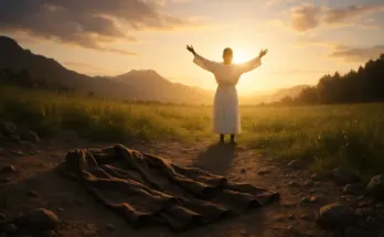 soap bible study: ephesians 4:17-24, a radiant figure in a white robe stands in a sunlit meadow with arms lifted toward the sky, while a weathered cloak lies discarded on rocky ground, symbolizing renewal and the new life in Christ from Ephesians 4:17–24.