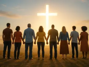 galatians 3:28-29 a diverse group of believers stands hand in hand on a sunlit hill with a glowing cross behind them, symbolizing unity in Christ and shared inheritance.
