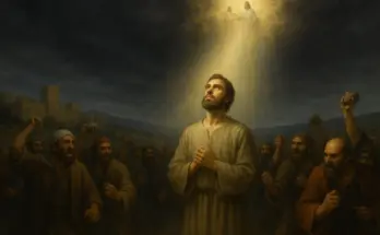 Stephen gazes toward heaven as the crowd prepares to stone him, Acts 7 martyrdom scene with vision of Christ.
