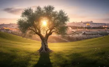 A glowing olive tree overlooking ancient Jerusalem, symbolizing God’s covenant and faithfulness in 2 Samuel.