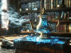 bible translations sitting on a table under a smoking lamp in a ancient library.