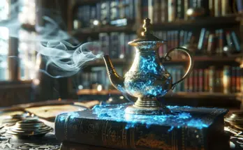 bible translations sitting on a table under a smoking lamp in a ancient library.