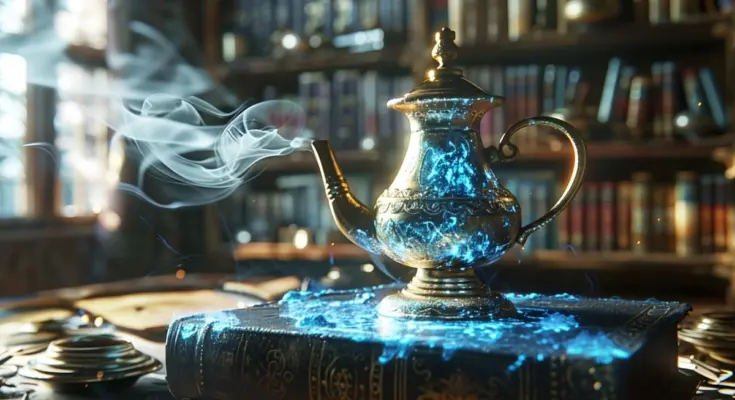 bible translations sitting on a table under a smoking lamp in a ancient library.