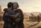 esau and jacob hugging after reconnecting.
