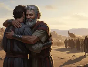 esau and jacob hugging after reconnecting.