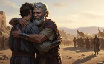 esau and jacob hugging after reconnecting.