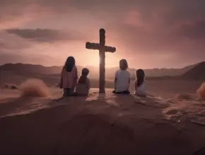 john 3 chapter outline showing four young people sitting before a wooden cross.