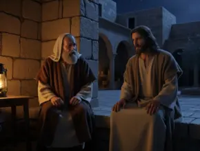 nicodemus and jesus meeting at night in an open courtyard.